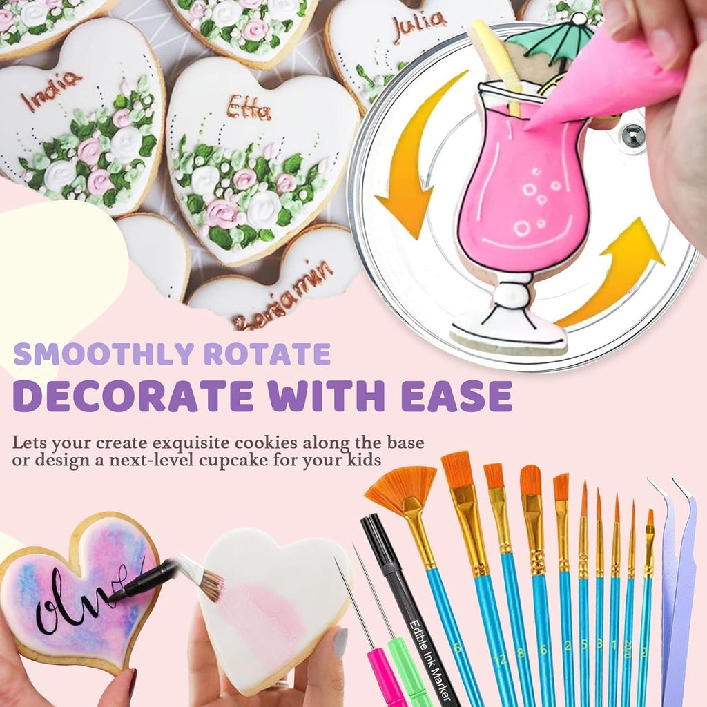 LUSHYUM Cookie Decorating Kit 118pcs with Storage Case, Royal Sugar Piping Bags and Tips Icing Supplies Set, Turntable Scribe Decoration Tools for Kids & Cookie Holiday Christmas Valentine