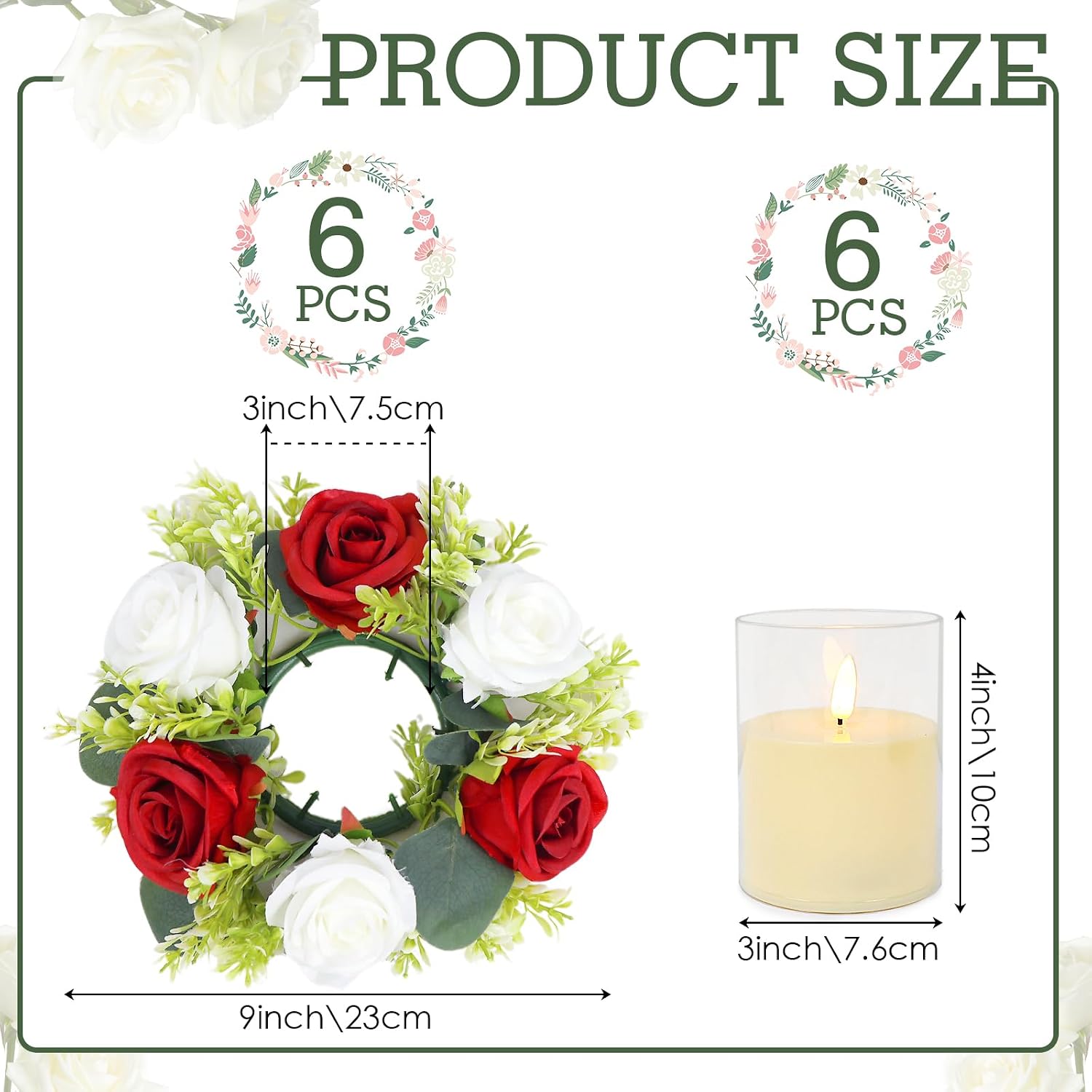Crimson Rose Candle Rings with Flameless Candles Sets - 12PCS Artificial Flower Eucalyptus Wedding Centerpiece 3 Inch Pillar Candleholders Wreaths for Wedding Party Decor (Crimson - 6 Sets)