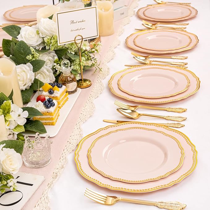 Hioasis 60pcs Pink Plastic Plates - Pink and Gold Disposable Dinnerware with Gold Rim, Heavy-duty, 7.5 inch, Dessert Plates for Party & Wedding