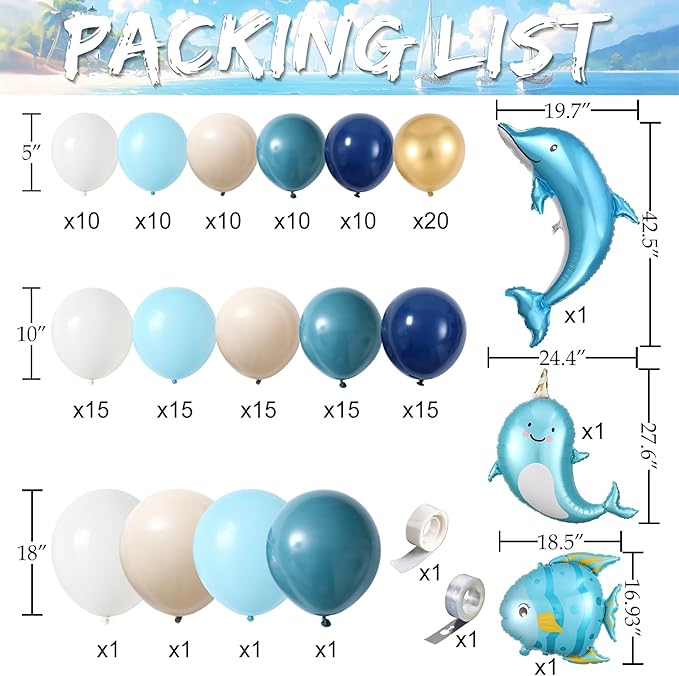 Nautical Balloon Arch Kit,154Pcs Navy Blue Sand White Gold Balloon Garland with Tropical Fish,Whale,Dolphin Foil Balloons for Sea Sailing Nautical Baby Shower Ocean Animals Birthday Party Decorations