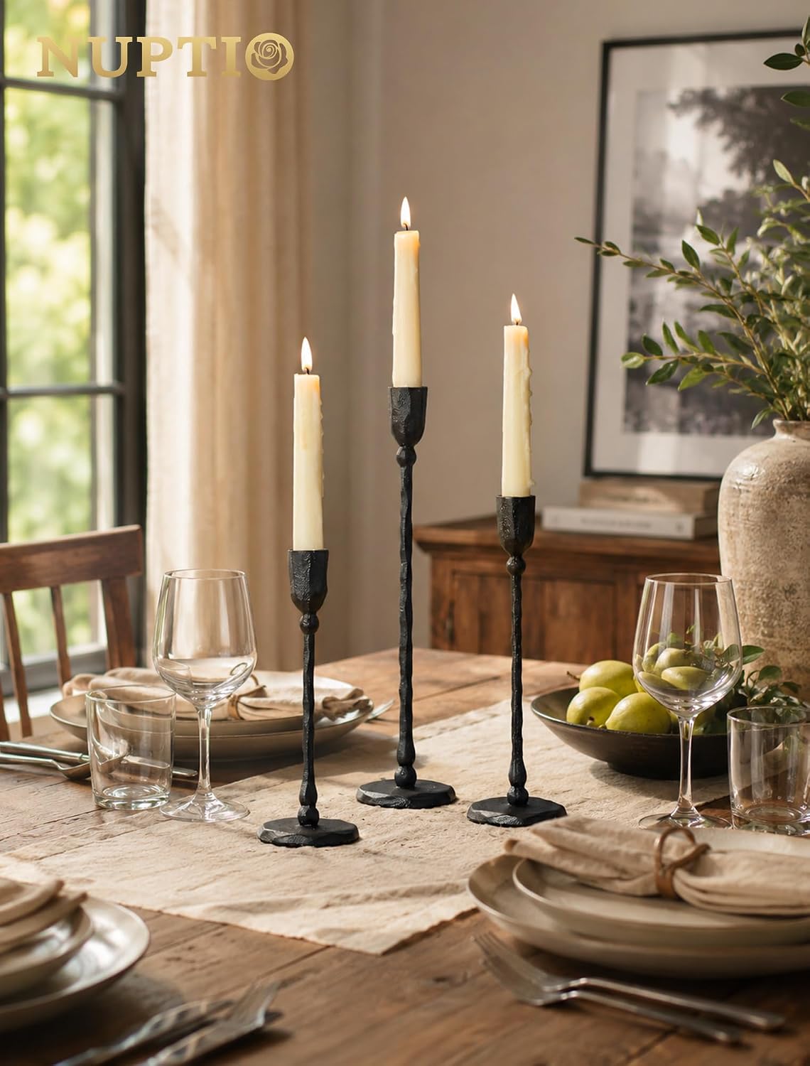NUPTIO Cast Iron Candlestick Holders: Black Candle Stick Holder Set of 3
