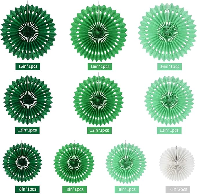 BEISHIDA Green White Party Decoration Hanging Honeycomb Round Paper Fans Kit for Theme Birthday Baby Shower Summer Forest Patrick's Irish Backdrop Party Supplies（11packs）