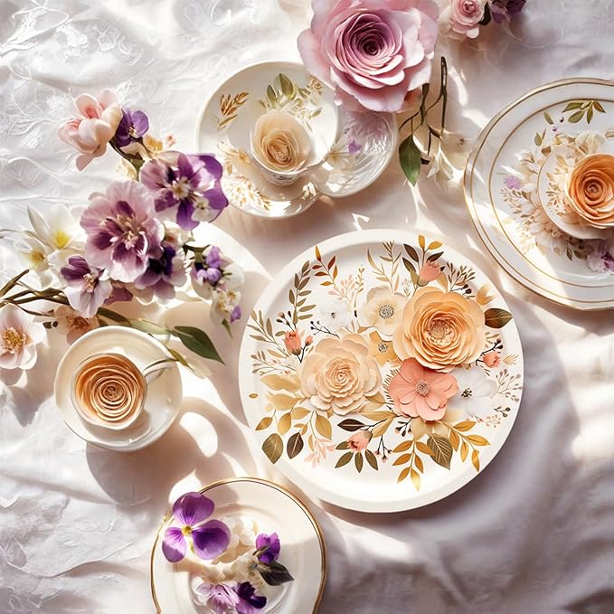 Boho Plates and Napkins Sets for 25 Guests, Floral Birthday Party supplies for Boho Fall Party Decorations