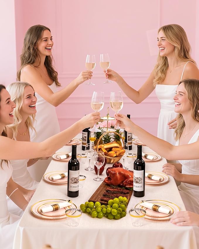 175PCS Pink Plastic Dinnerware Set, Disposable Party Plates for 25 Guests, Include: 50 Pink and Gold Plastic Plates, 25 Pre Rolled Napkins with Gold Silverware, 25 Cups for Wedding, Christmas