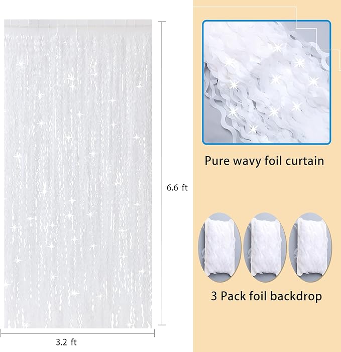 3Pcs Wavy White Metallic Tinsel Curtain Foil Fringe Backdrop,3.3 ft x 6.6 ft Streamer Photo Booth Props for Party Door Wall Curtains Bachelorette Birthday
