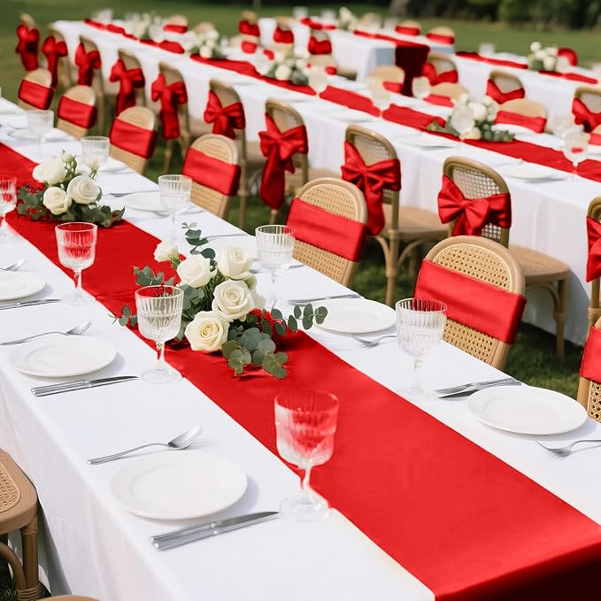 SHEJIZE 10 Pack Red Satin Table Runner 12x108 Inches Long, Bright Silky Smooth Satin Table Runner Table Decor for Wedding Banquet Christmas Prom Event Birthday Party