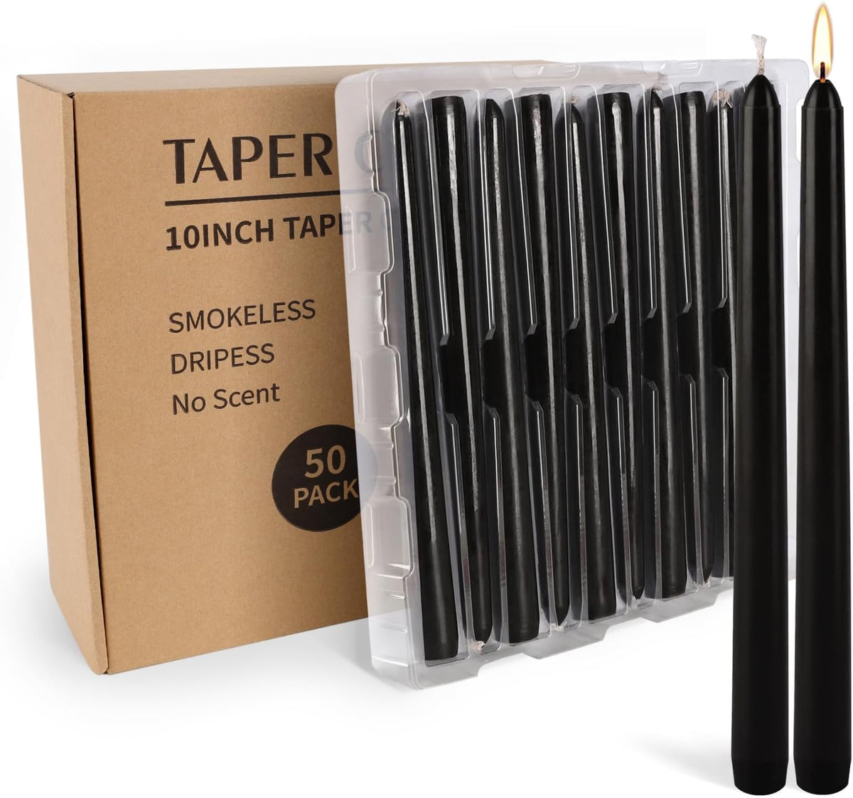50 Pack Black Taper Candles - 10 Inch Classic Unscented Dinner Candles, Dripl...