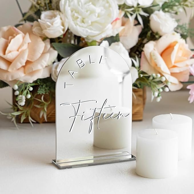 JINMURY Sliver Arch Wedding Table Numbers 1-15 with Stands, 5x7 Inch Acrylic Arch Sign with White Lettering, Sliver Mirror Acrylic Table Numbers for Wedding Reception