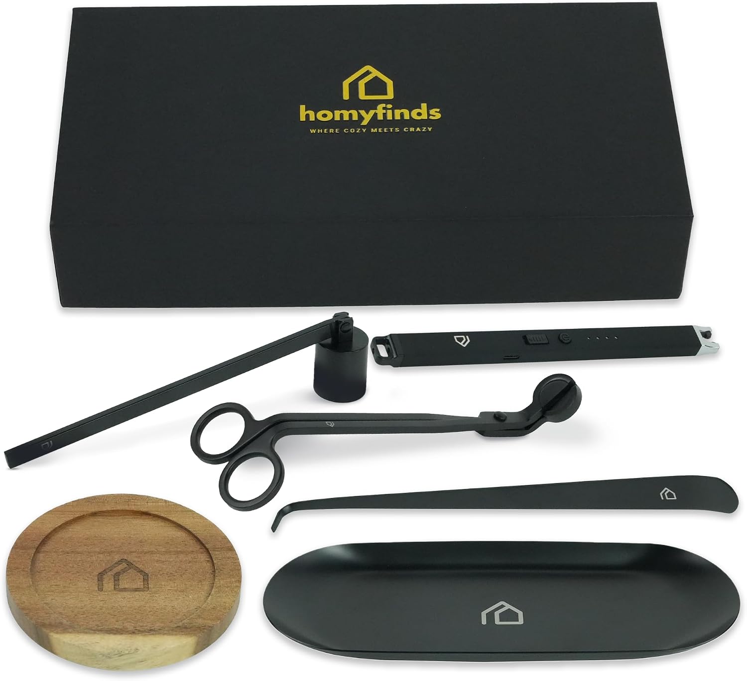 Candle Care & Accessory Set 5-in-1 Wick Trimmer, Snuffer, Wick Dipper, USB Rechargeable Electric Lighter, Acacia Wood Coaster & Metal Tray – Luxury Gift Box for Candle Lovers