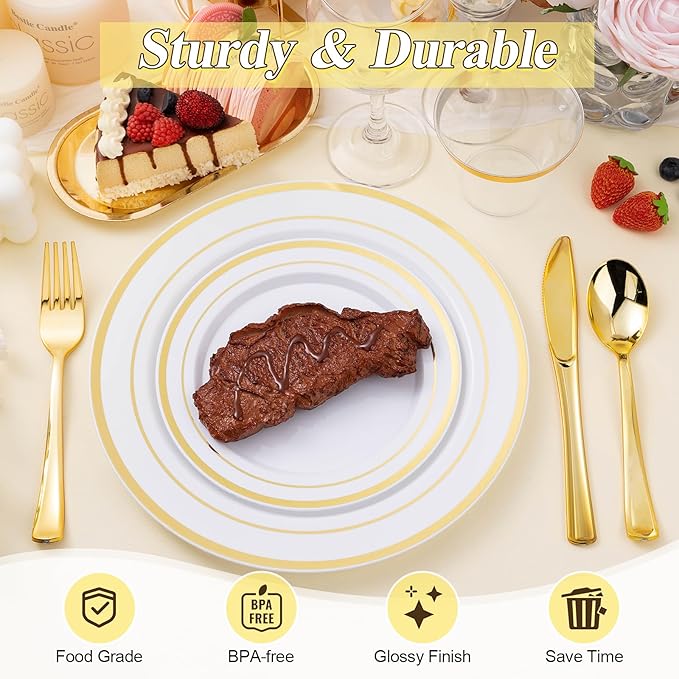 200PCS Gold Plastic Plates Set, 100 10.25 inch Dinner Plate and 100 7.5 inch Dessert Plates, Premium Disposable Plates for Party, Wedding