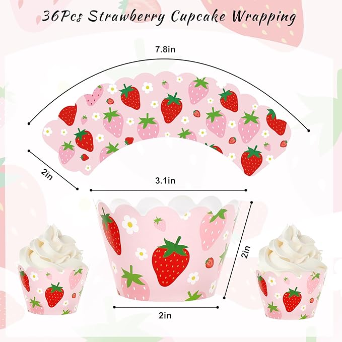 Whaline 36Pcs Strawberry Cupcake Wrappers Red Pink Strawberry Flower Cupcake Liners Decorative Cupcake Holders for Birthday Baby Shower Party Cake Decoration