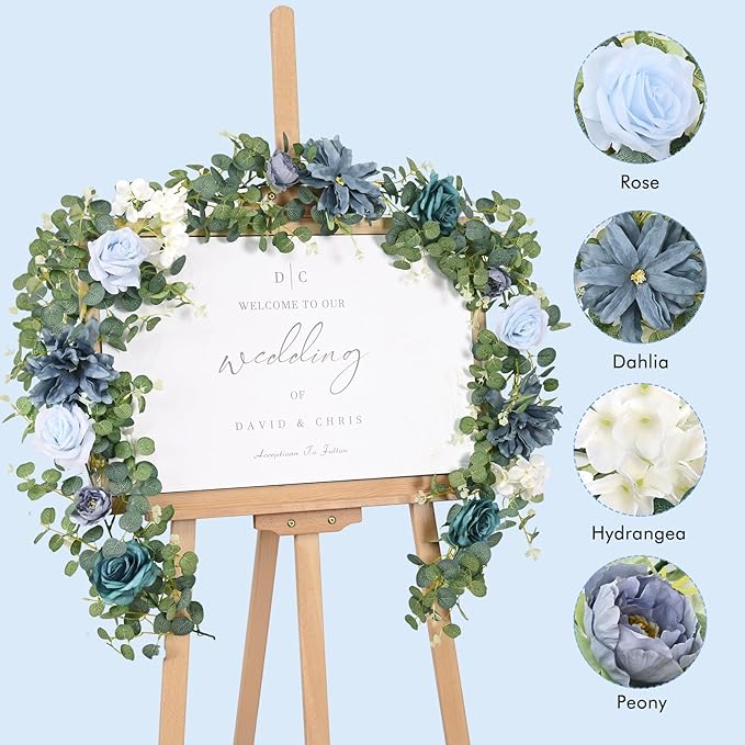 Waipfaru 6.07Ft Artificial Eucalyptus Garland With Flowers - Wedding Table Decorations, Floral Rose for Centerpieces, Backdrop Wall Flower Vines, Room Decor (Dusty Blue)