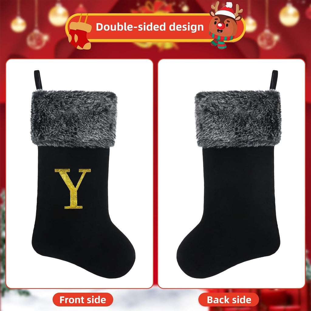 20 Inches Personalized Monogram Christmas Stocking, Deluxe Black Velvet with Faux Fur Trim, Embroidered Initial, Holiday Decor for Fireplace Mantel Gifts Letter E
