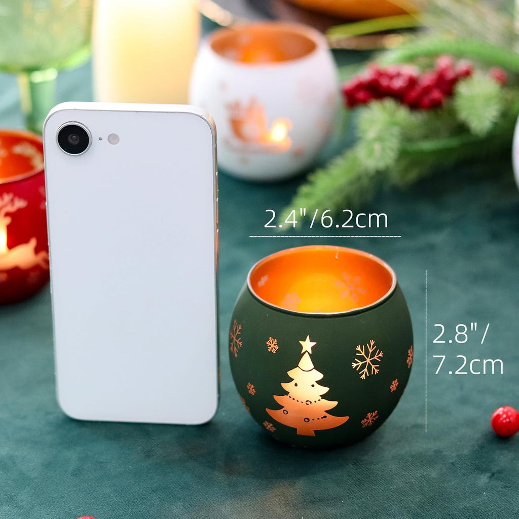 Christmas Candle Holders Set of 4, Frosted Glass Tealight Votive Holders with Snowflake, Reindeer, Christmas Tree Designs, Winter Holiday Table Centerpiece for Indoor Outdoor Decor (Red, Green, White)