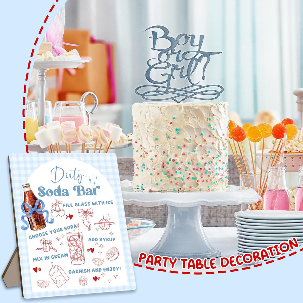 She's Ready to Pop Dirty Soda Bar Sign with Menu, Wooden Tabletop Welcome and Recipe Board for Gender Reveal Party, Beverage Setup Sign 8x10 Inch, Blue Bridal Shower and Wedding Decor