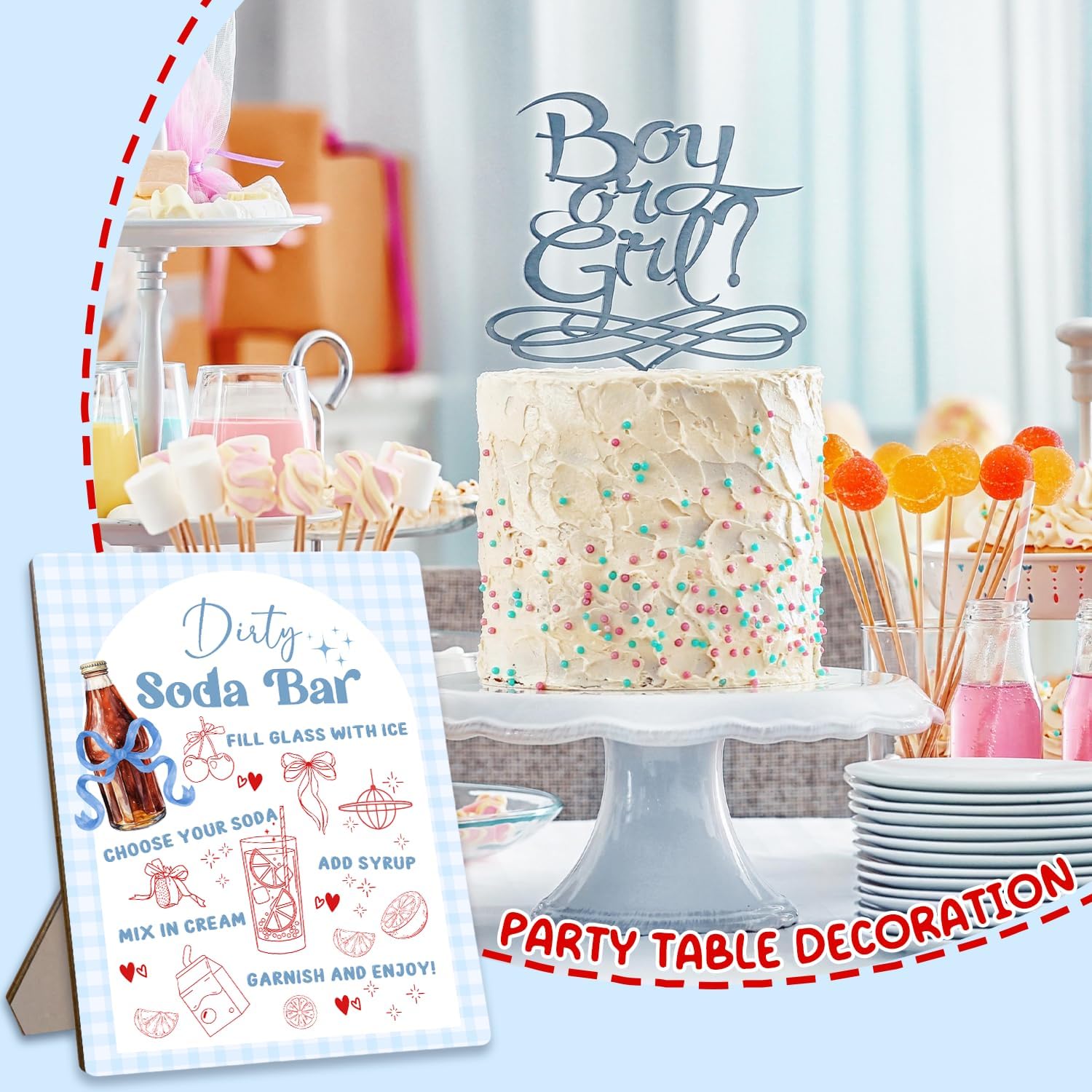She's Ready to Pop Dirty Soda Bar Sign with Menu, Wooden Tabletop Welcome and Recipe Board for Gender Reveal Party, Beverage Setup Sign 8x10 Inch, Blue Bridal Shower and Wedding Decor