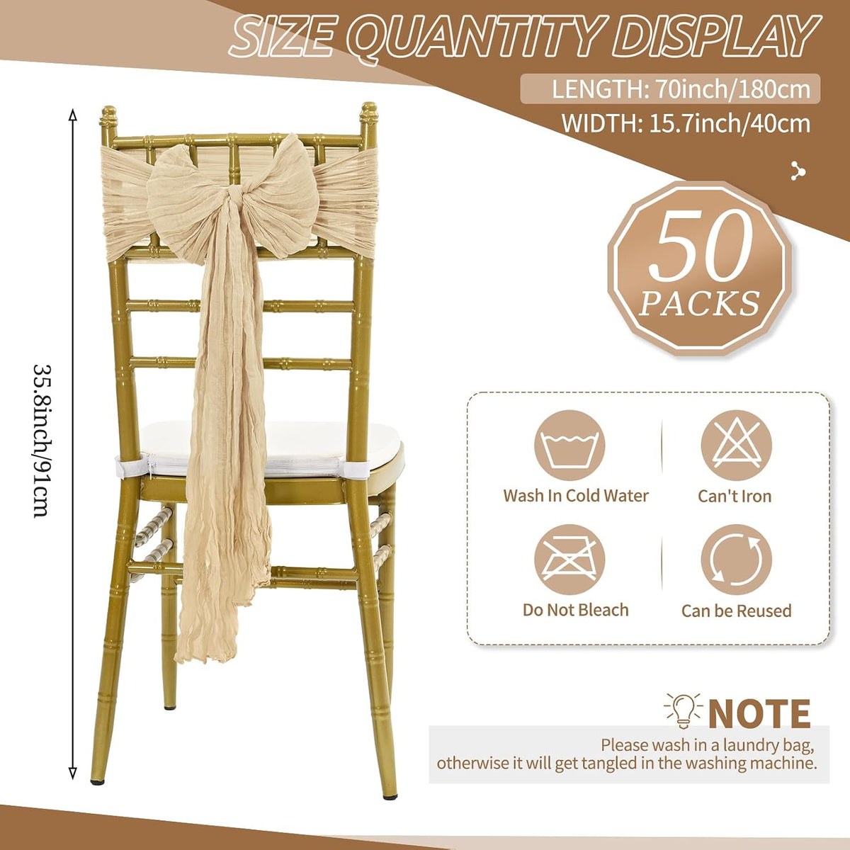 50 PCS Cheesecloth Chair Sashes Bows Wedding Aisle Decorations Chair Ribbon T...