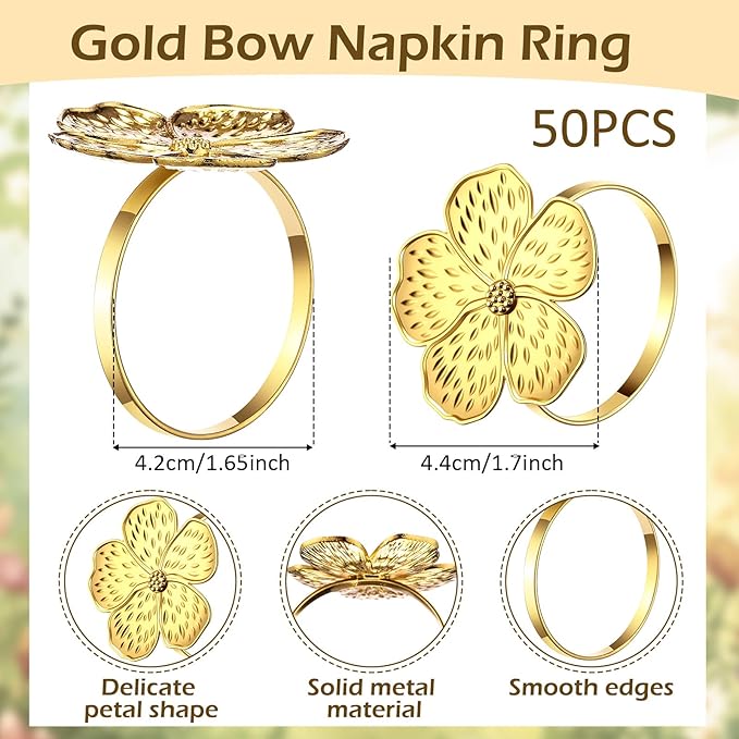 Bokon 50 Pcs Gold Napkin Rings Metal Napkin Holders Rings Bulk for Dining Anniversary Wedding Dinner Birthday Holiday Party Banquet Table Decoration (Flower)