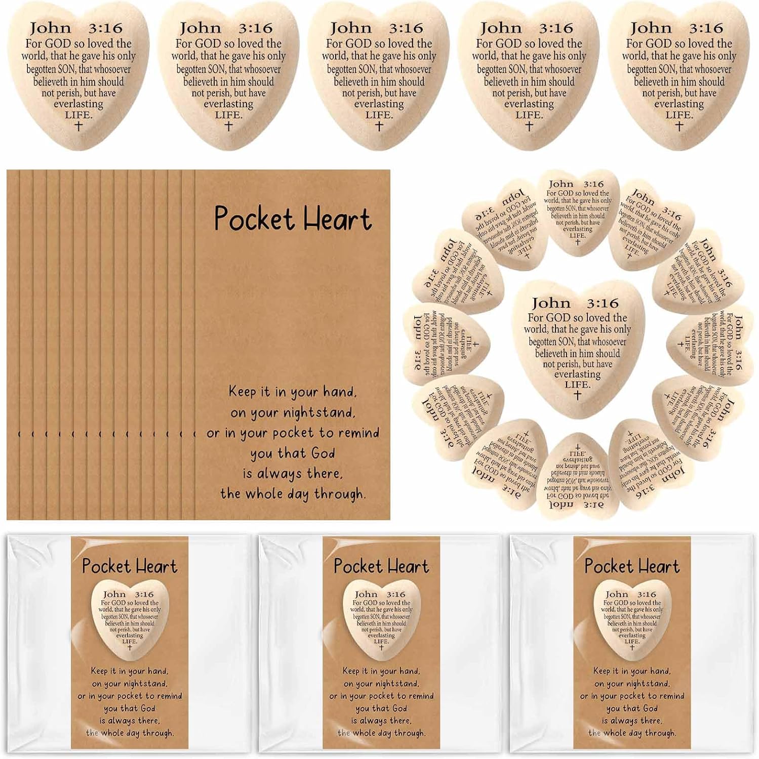 Leinuosen Christian Gifts John 3: 16 Pocket Hug Heart Token Wooden Bible Verses Token with Prayer Cards for Church Supplies(30 Set,Wood)
