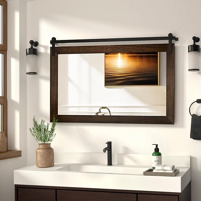 COGOOD Farmhouse Barn Door Mirror - 41 x 26 Rustic Wood Framed Wall Mirror for Bathroom, Living Room, Entryway Wall Decor (Black Brown)