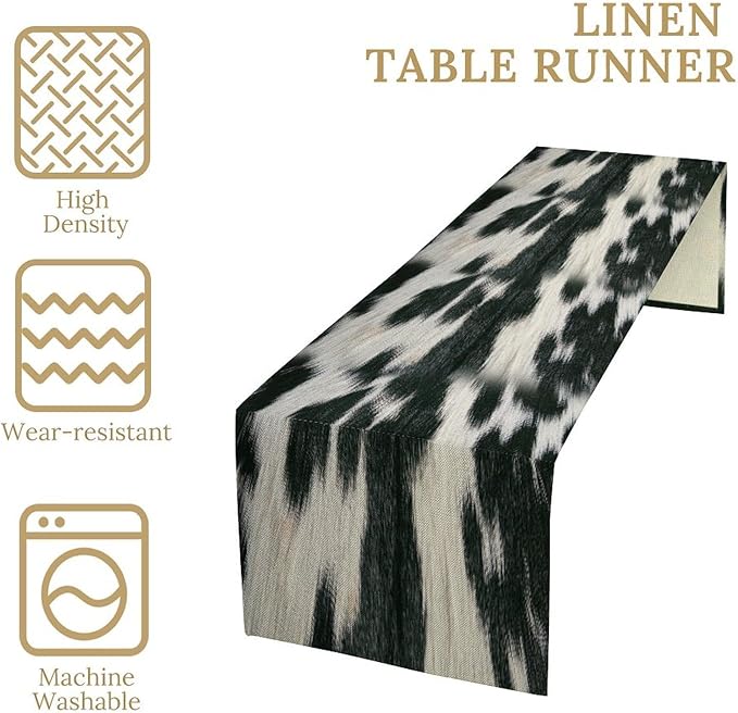 Rustic Cow Skin Print Table Runner, Country Farm Animal Fur Skin Pattern Western Style Brown Cowhide Print Cotton Linen Cottage Dinner Runner for Home Kitchen Dining, 13x60 Inch