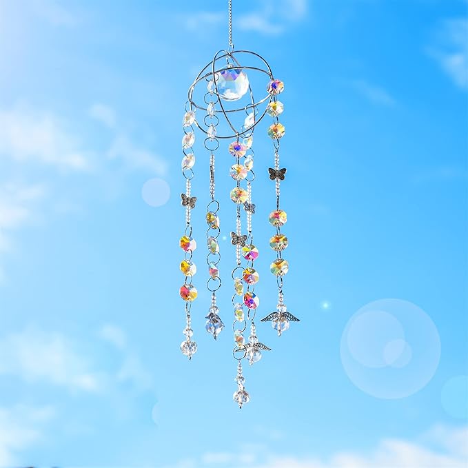 Garden Suncatcher Crystal Pendant Round Shaped Glass Prisms Beads Chain Hanging Angel Ornament Rainbow Maker Aura Prism Glass Crystal Sun Catchers