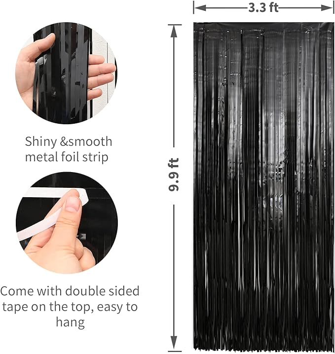 Crosize 4 Pack 3.3 x 9.9 ft Black Foil Fringe Backdrop Curtain, Streamer Backdrop Curtains, Streamers Birthday Party Decorations, Tinsel Curtain for Parties, Photo Booth Backdrops, Party Décor