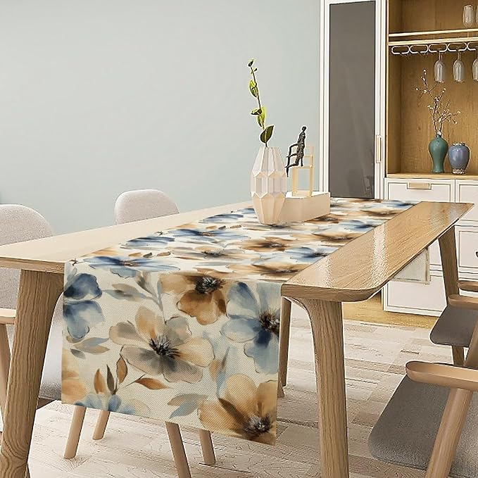 Poppy Floral Table Runner, Watercolor Brown Blue Flowers Blossom Summer Nature Table Runner for Kitchen Dinning Table Runner Decor Home Wedding Party Holiday, 13x36 Inch