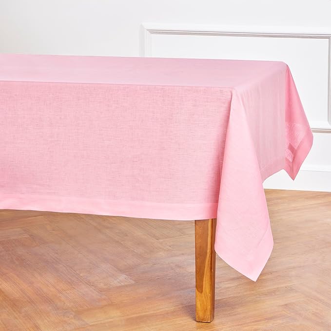 Solino Home Linen Tablecloth for Rectangle Tables 60 x 144 Inch - 100% Pure Linen Pink Lemonade Table Cloth - Fete, Machine Washable Cloth Tablecloth for Halloween