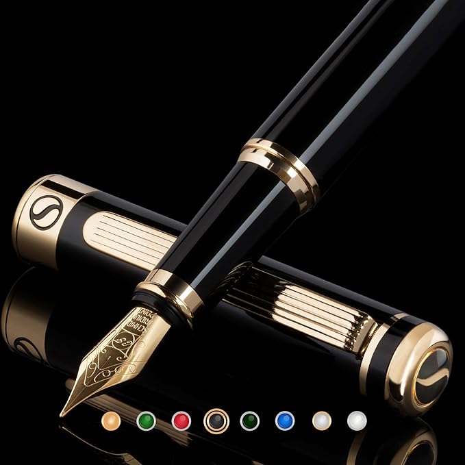 Scriveiner Black Lacquer Fountain Pen - Stunning Luxury Pen, Real Gold Finish, Schmidt Gilded Nib (Extra Fine), Best Pen Gift Set for Men & Women, Professional, Executive, Office, Nice Pens
