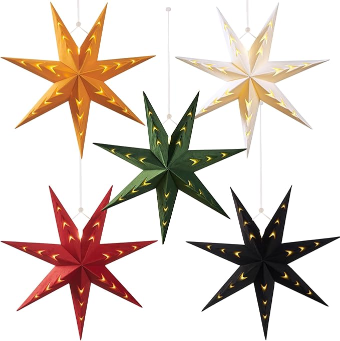 EASY JOY 5-Piece 7-Pointed Paper Star Decoration With Light - 12 Inch 3D Paper Star Lantern for Christmas, Home, Party, Wedding, Birthday