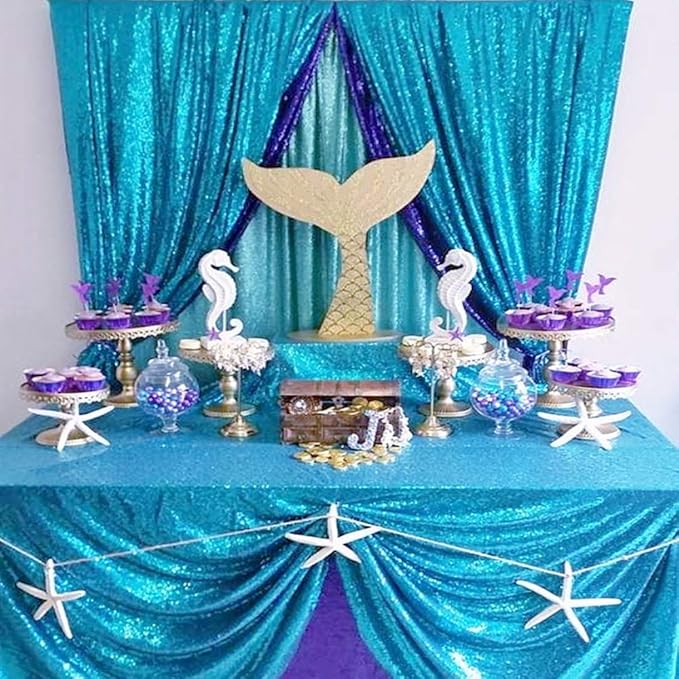 ShinyBeauty Sequin Curtain Turquoise 4FTx8FT Photo Backdrop - Aqua Blue Glitter Photography Backdrop for Wedding and Bridal Shower