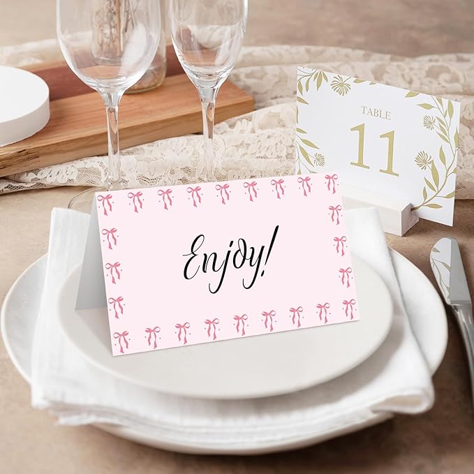 25 Bow Place Cards for Table Seating, Pink Wedding Name Place Card, Tent Cards for Birthday Bridal Shower Baby Shower Reception Dinner Party Decorations -A21
