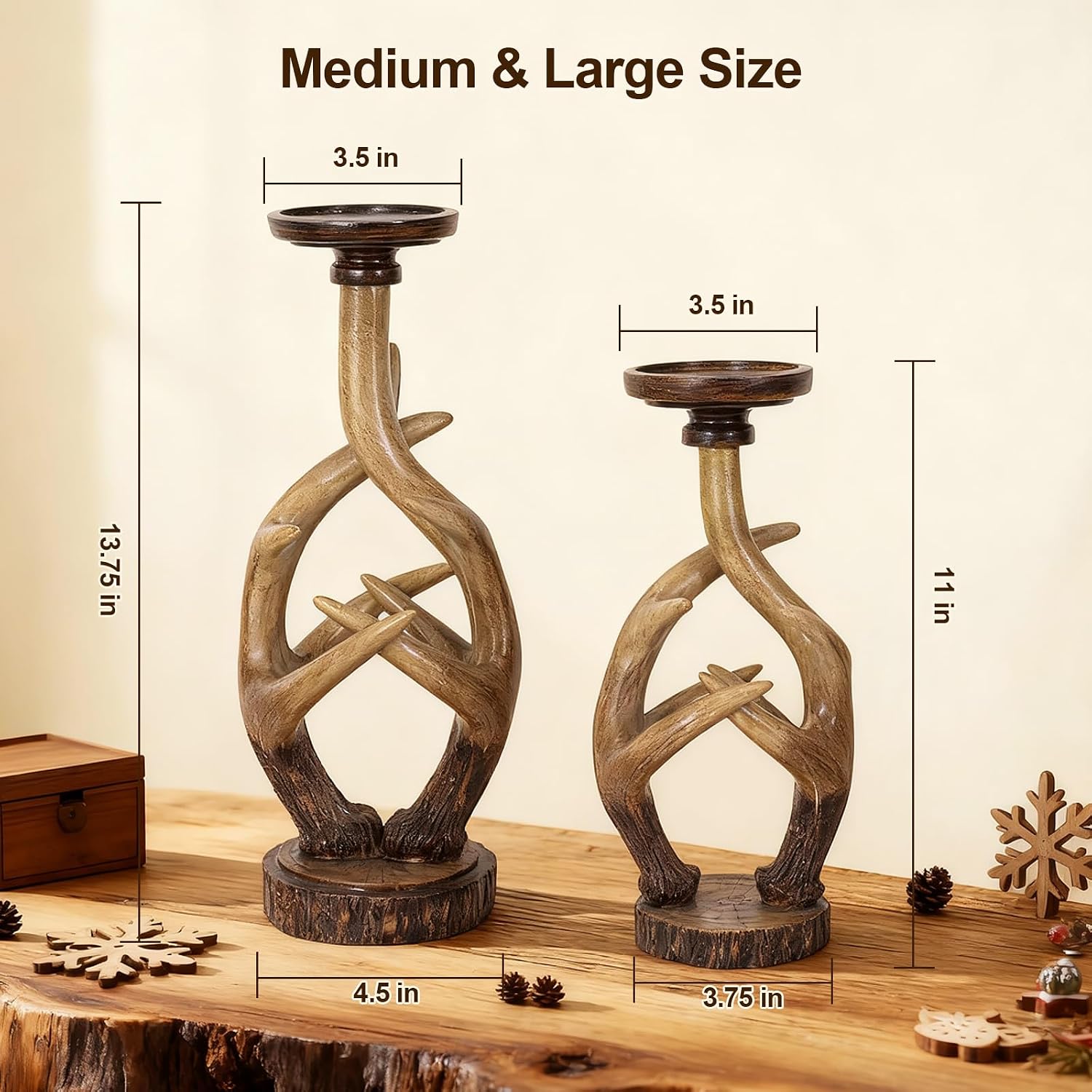 Scenekoy Vintage Antler Candle Holder Set of 2, Large & Medium Farmhouse Candlestick Holders for Table Centerpiece, Pillar Candle Stick Holders Resin Candle Stand for Home Decor Xmas Decorations