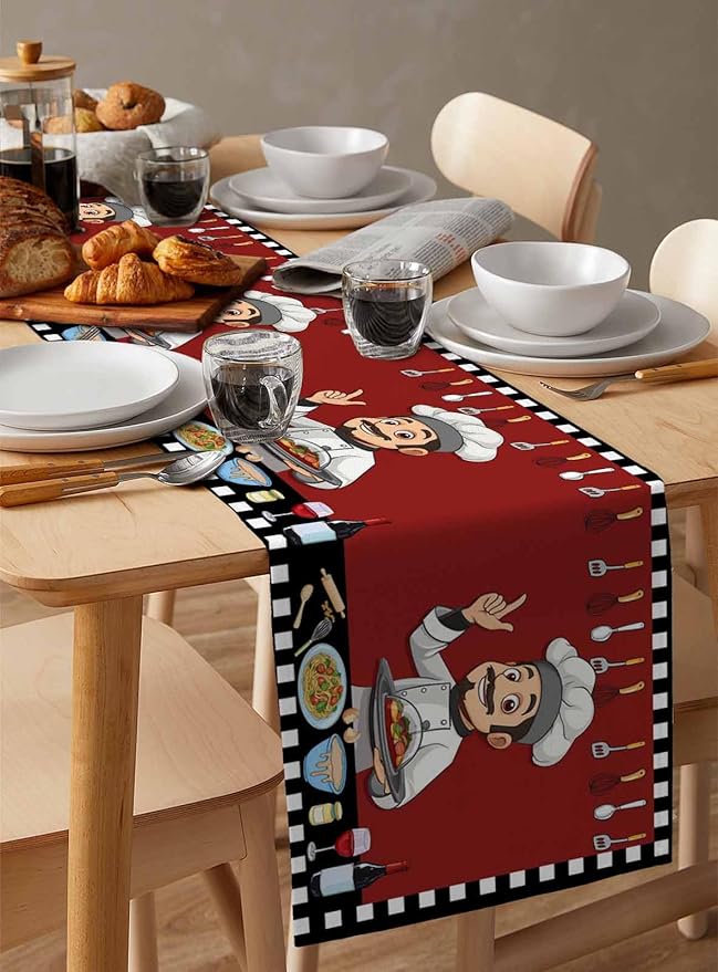 Red Chef Gourmet Cotton Linen Table Runner for Dining Kitchen, Wedding Outdoor Party Tablerunners Decoration, Black White Check Plaid Funny Kitchen Dresser Scarf Coffee Tablecloth Runners 13x60 Inches