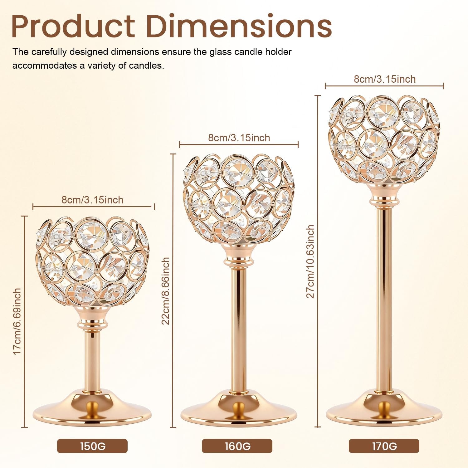 Gold Crystal Candle Holders Candlestick Holders - 4 Sets Tall Bling Bowl Candelabra Centerpieces for Dining Table, Wedding, Party & Fireplace Mantel Decor,12Pcs