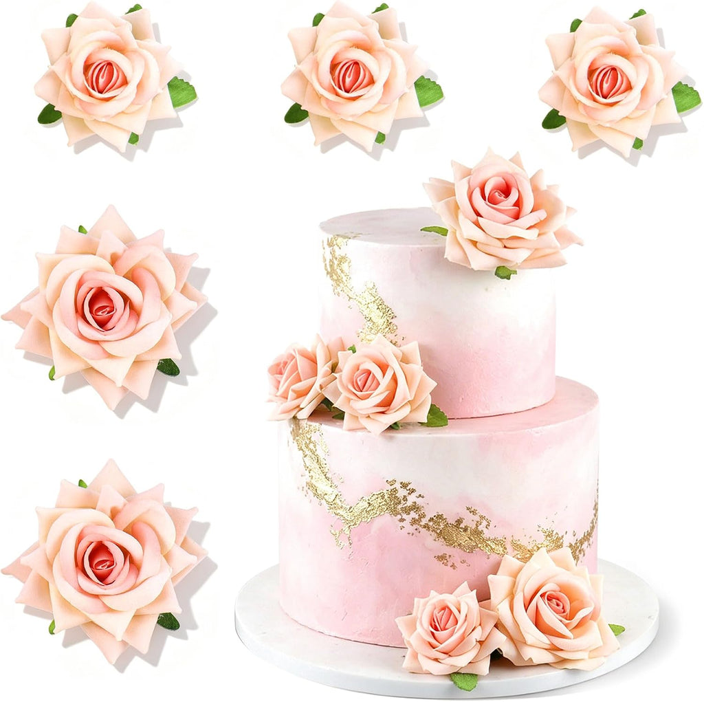5Pcs Champagne Flower Cake Topper Artificial 3D Flowers Cake Decoration | Artificial Champagne Rose Flower, Different Sizes 3D Flowers Table Decorations,Bridal Shower, Wedding Anniversary Cake Decors