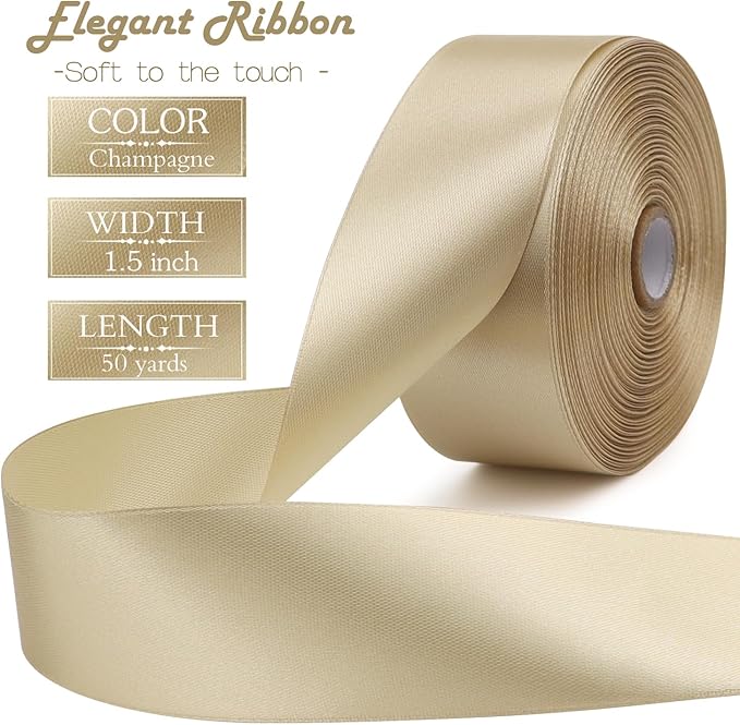 Champagne Solid Satin Ribbon 1-1/2 Inch 50 Yards Solid Polyester Fabric Ribbon for Gift Wrapping Wedding Christmas Baby Shower Birthday Party Decoration Handmade Immortal Flower Craft