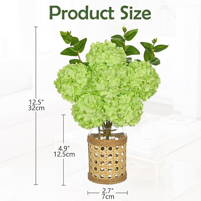 Hollyone Green Hydrangea Artificial Flowers in Woven Glass Vase with Faux Water Silk Hydrangeas Fake Flowers Floral Arrangement for Home Indoor Bathroom Kitchen Office Table Centerpiece Shelf Decor