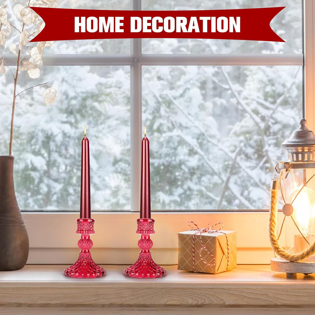 Glass Candle Holder, 2PCS Decorative Candle Sticks Pillar Candle Stand for Formal Events Wedding Party Table Centerpieces Home Decoration, Red