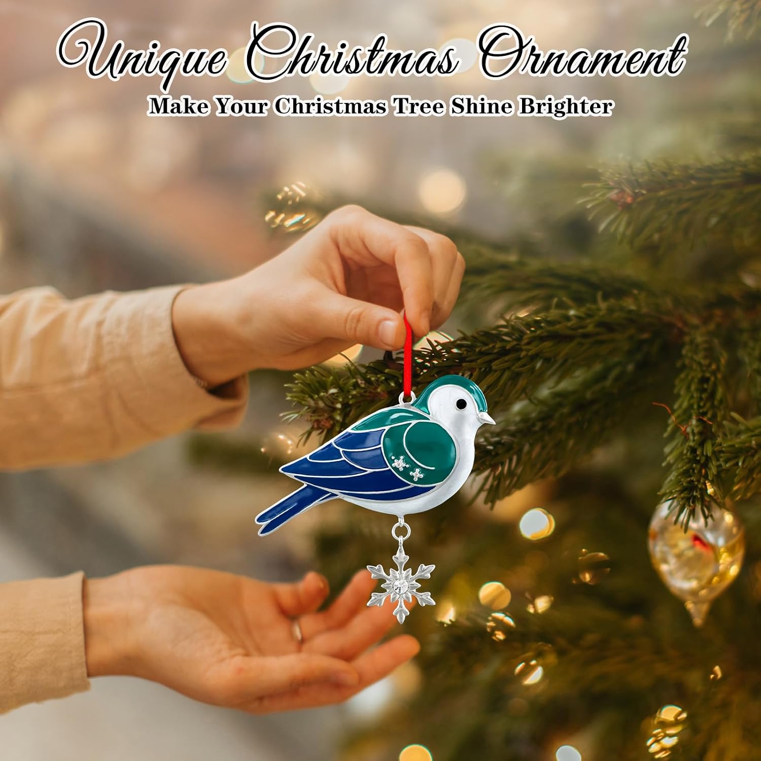 WhatSign Blue Bird Christmas Ornament - Metal Bird with Snowflake Hanging Decoration for Christmas Tree Party Animal Lovers Gifts for Women