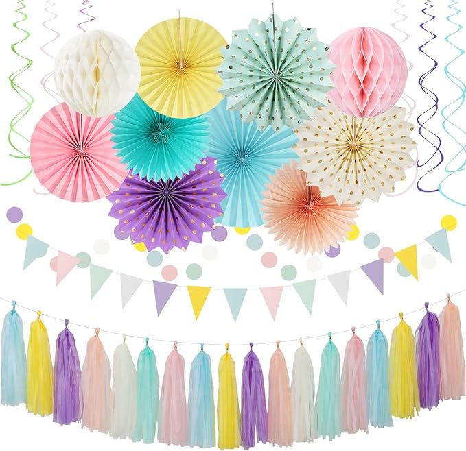 Pastel Rainbow Pink Purple Yellow Peach Party-Decorations - 33pcs Kits Banner,Streamers Tassel Garland,Tissue Pom Poms Honeycomb,Paper Lantern Fans,Birthday Wedding Bridal Baby Shower Decor Hugtmr