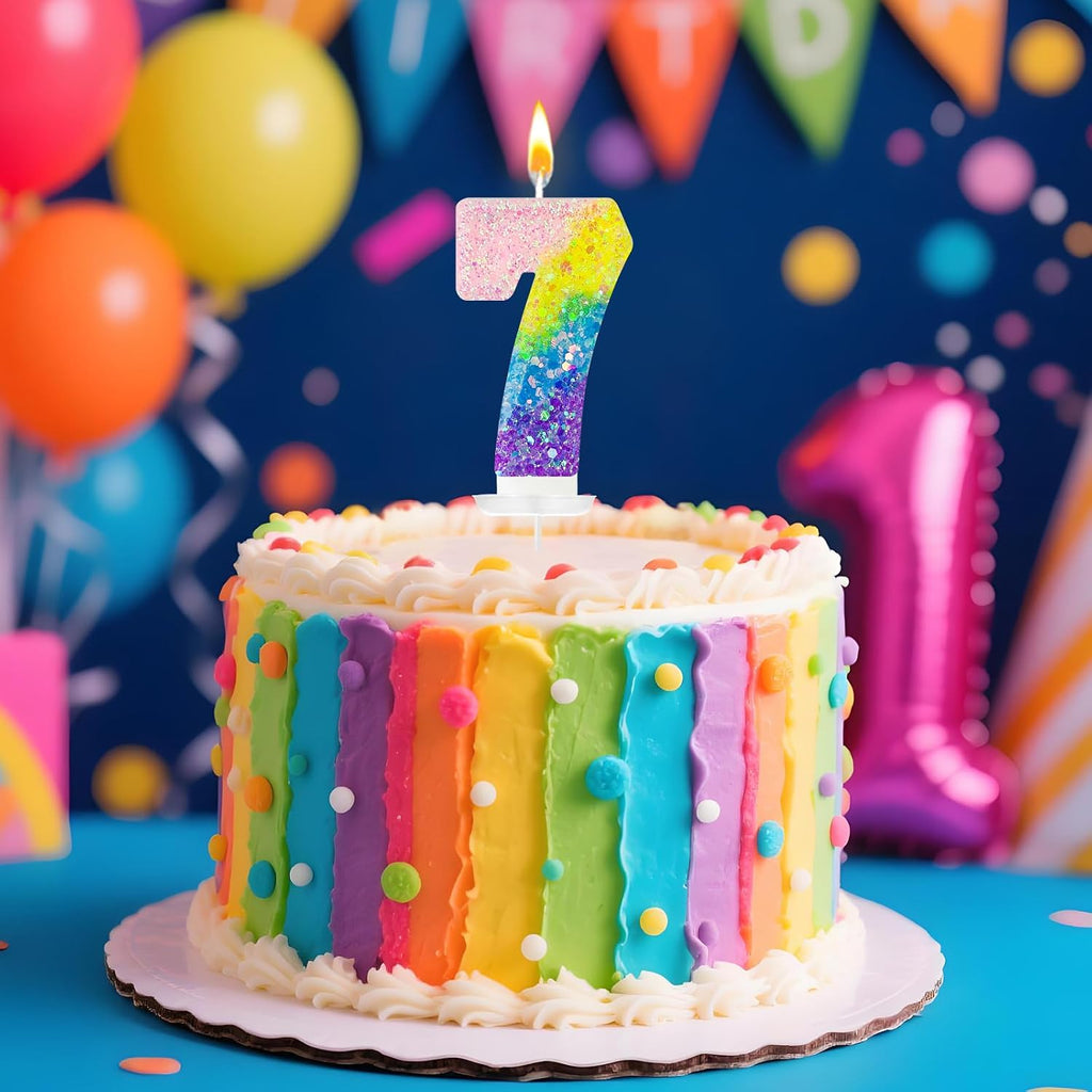 Birthday Candles Pastel Macaron Glitter 3D Rainbow Number Candles for Birthday Cake Girls Women Sweet Theme Birthday Wedding Anniversary Party Cake Decoration (Number 7)