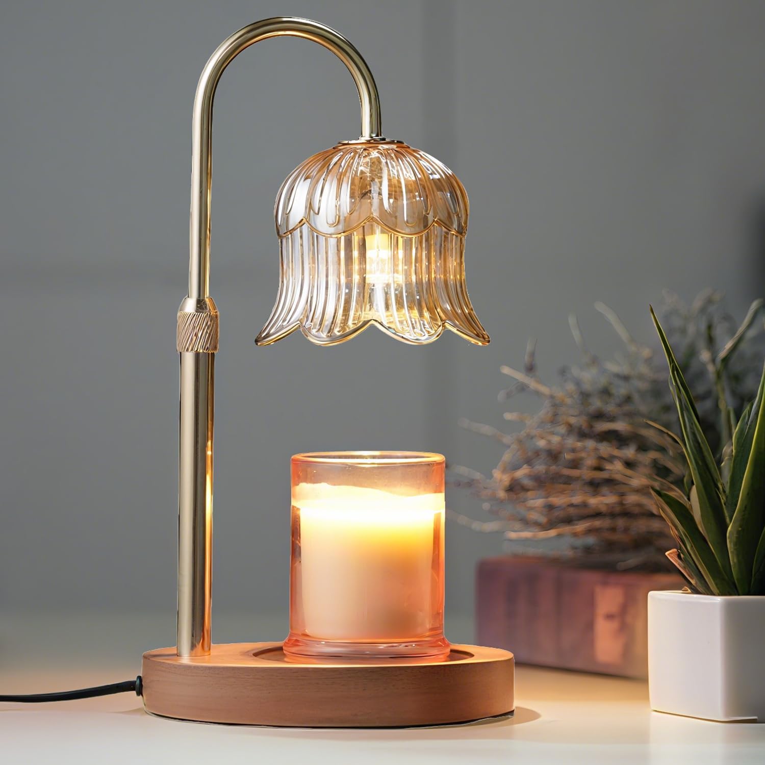 CRMILL Candle Warmer Lamp with Timer: Adjustable Dimmable Height Adjustable Warming - Flower Shape Wax Lamp Jar Candles No Flame Modern Home Decor Table Lights - Home Living Bedroom