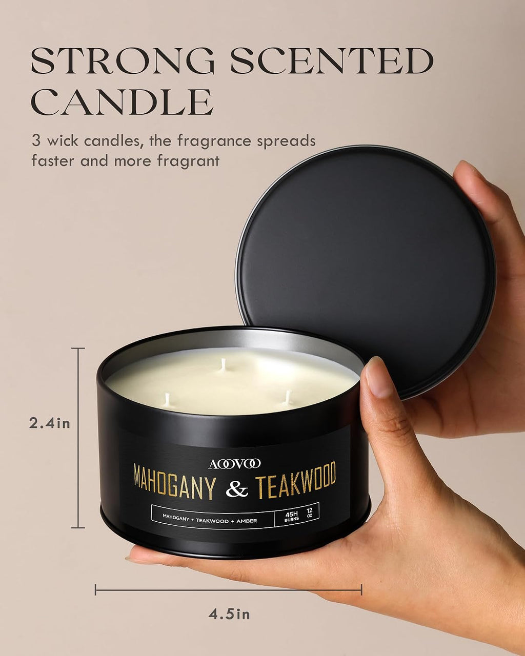 AOOVOO Mahogany Teakwood Candles for Men - 3 Wick 12oz Large Scented Candle, Long Lasting Soy Candles for Home Scented, Strong Fragranced Masculine Black Candle Gift for Father Day, Women & Men