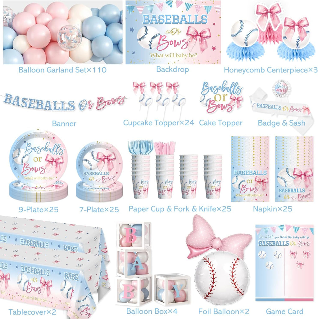 cocomigo baseballs or bows gender reveal decorations, serves shown in use