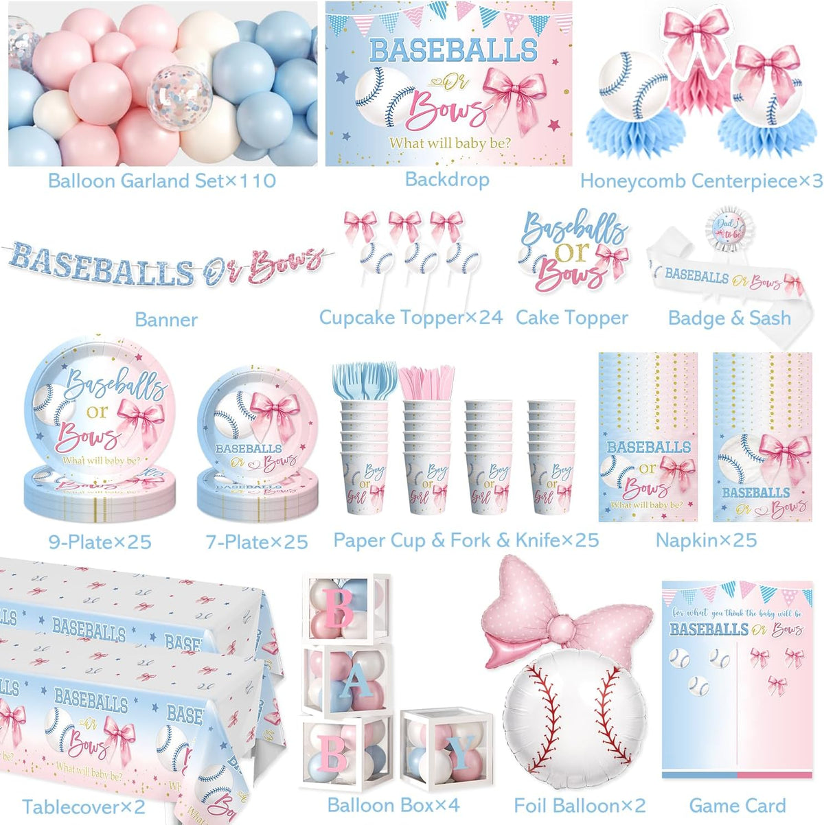 cocomigo baseballs or bows gender reveal decorations, serves shown in use