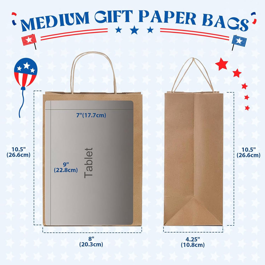 MESHA Brown Paper Bags 8x4.25x10.5 Inch 20Pcs, Paper Bags with Handles, Sturdy Brown Gift Bags for Retail, Birthday Party Favors, Shopping, Small Business (Made in USA)