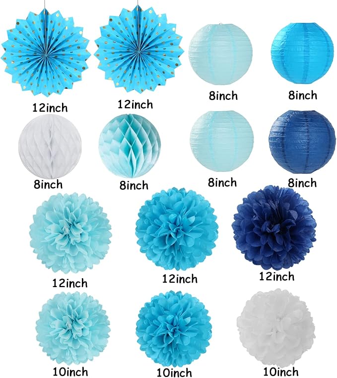 Light-Royal Navy-Blue White Party-Decorations Streamers - 14pc Boy Birthday Baby Shower Paper Lanterns Fan,Tissue Pom Poms,Honeycomb Balls,Bachelorette Bridal Wedding Engagement Decor Lasting Surprise