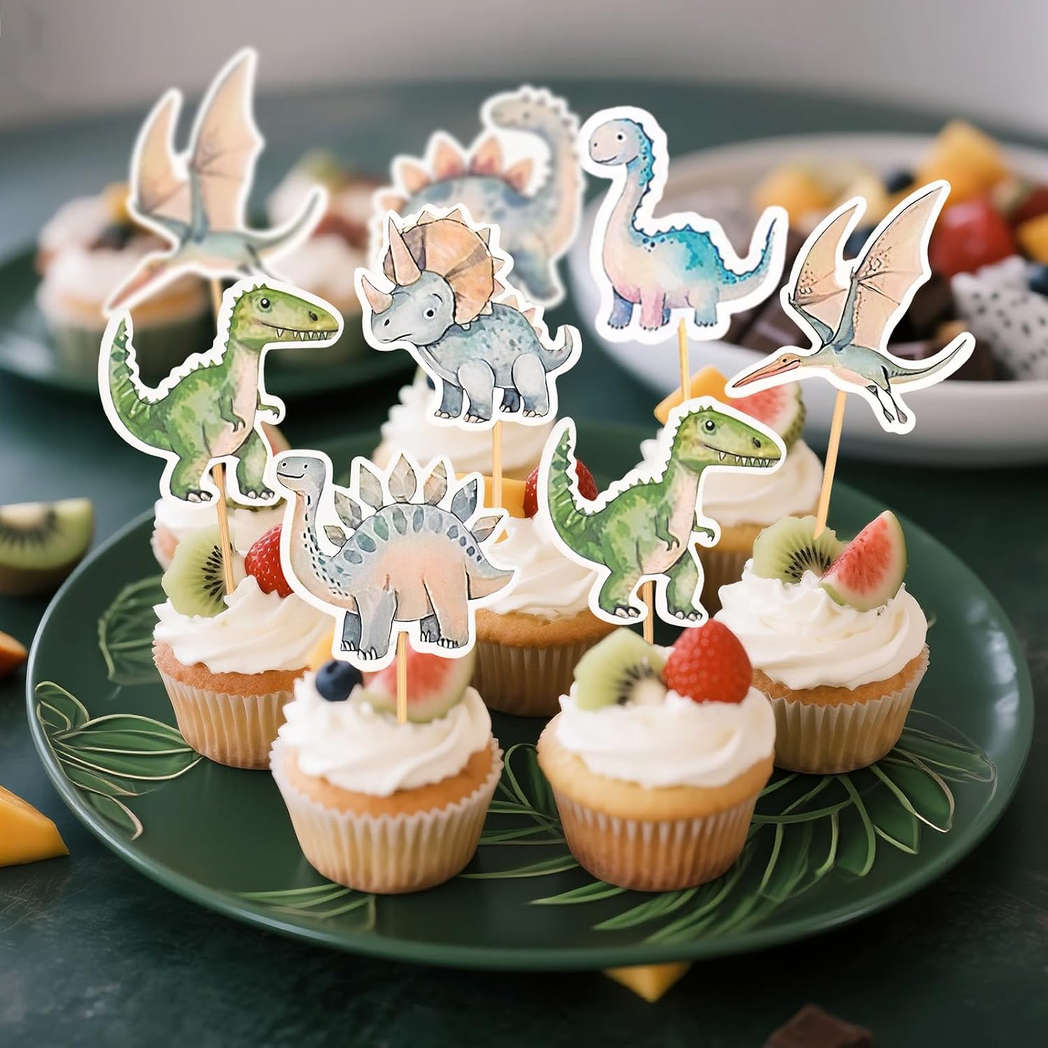 24 PCS Dinosaur Cupcake Toppers, Dinosaur Cake Toppers Decorations Dino Cupcake Picks Party Supplies for Kids Dinosaur Theme Birthday Party Baby Shower (Dino Cupcake Toppers) (Green) (Light Blue)